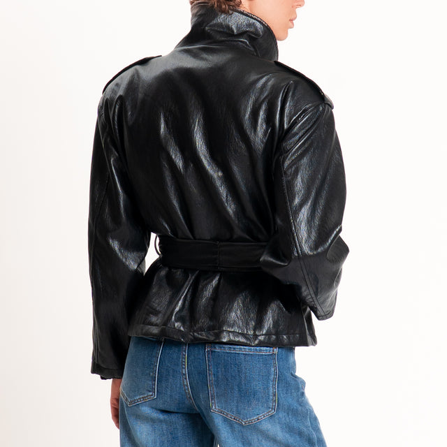 Haveone-Giacca similpelle con cintura - nero