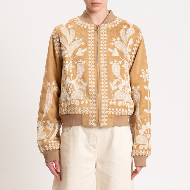 Haveone-Bomber effetto suede con ricami - camel/burro