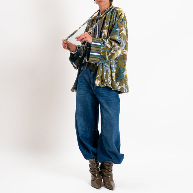 Haveone-Kimono in ciniglia fantasia jungle - verde/ottanio