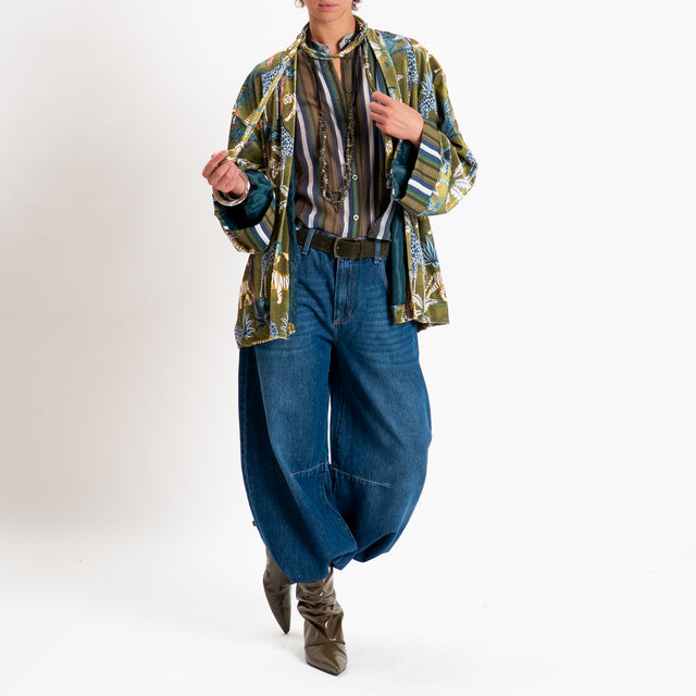 Haveone-Kimono in ciniglia fantasia jungle - verde/ottanio