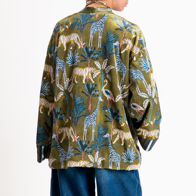 Haveone-Kimono in ciniglia fantasia jungle - verde/ottanio