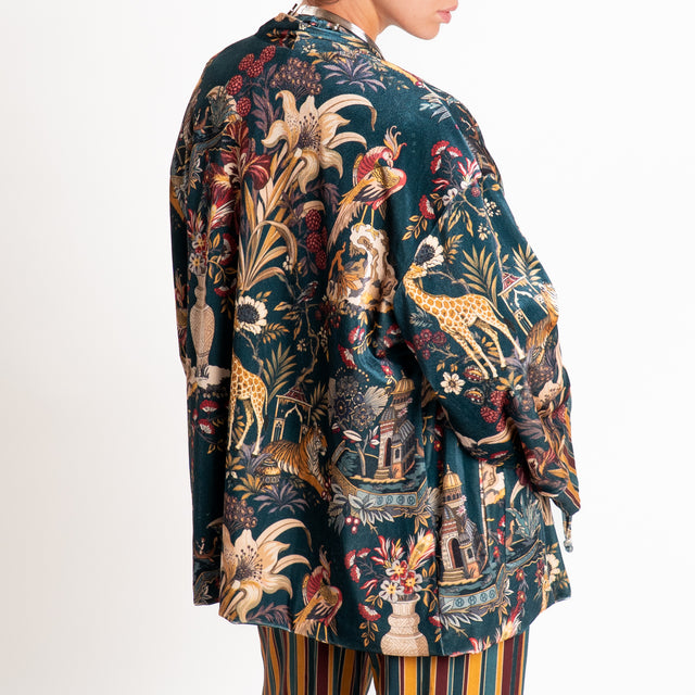 Haveone-Kimono in ciniglia fantasia jungle - verde/senape/vino