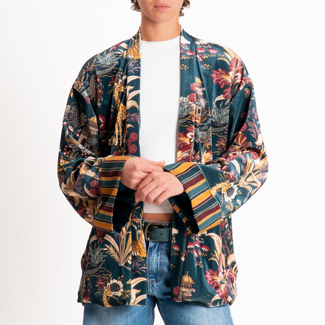 Haveone-Kimono in ciniglia fantasia jungle - verde/senape/vino