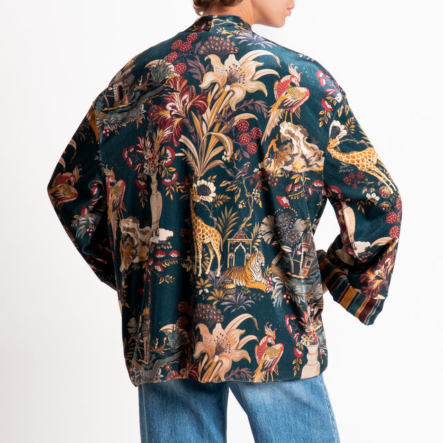 Haveone-Kimono in ciniglia fantasia jungle - verde/senape/vino