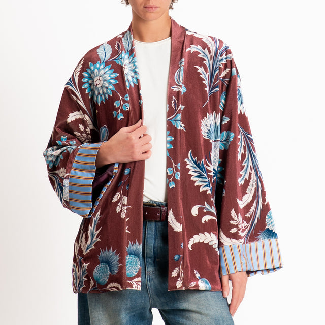 Haveone-Kimono in ciniglia fantasia floreale - vino/celeste/ottanio