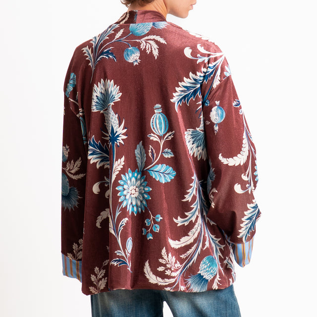 Haveone-Kimono in ciniglia fantasia floreale - vino/celeste/ottanio