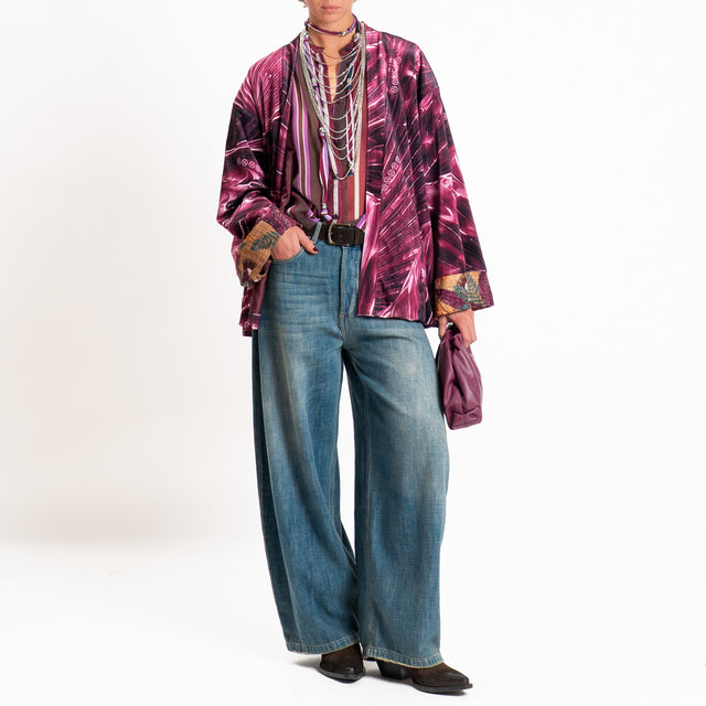 Haveone-Giacca kimono fantasia velluto ciniglia - bordeaux/latte