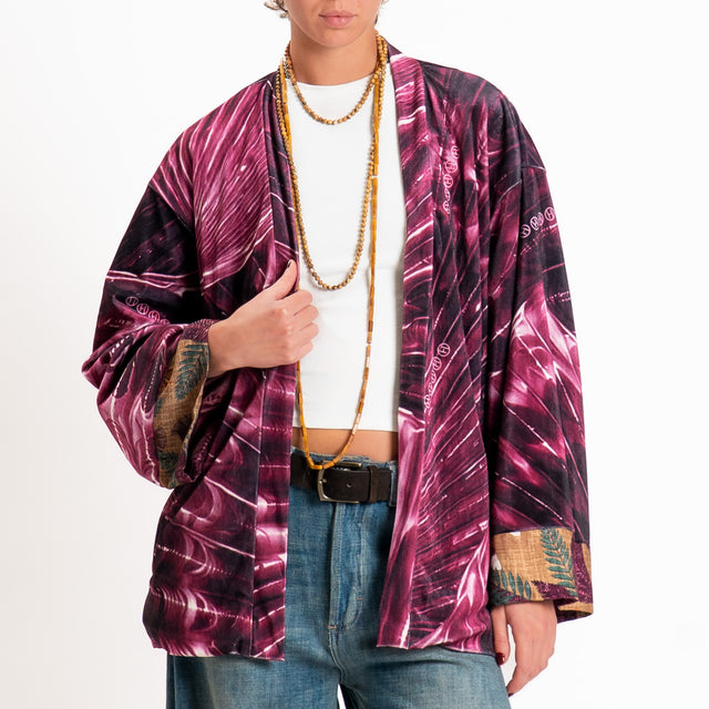 Haveone-Giacca kimono fantasia velluto ciniglia - bordeaux/latte