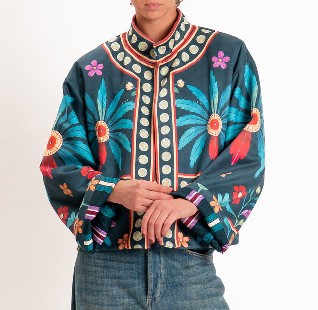 Haveone-Giacca kimono fantasia palme - petrolio/ottanio/rosso