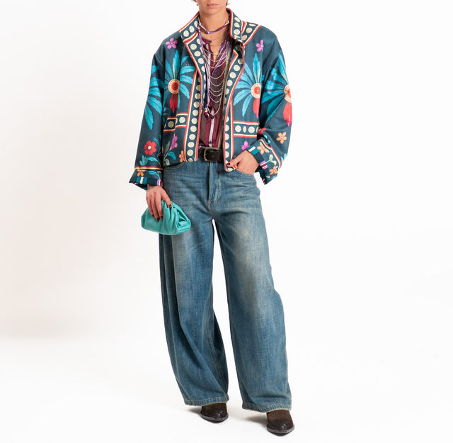 Haveone-Giacca kimono fantasia palme - petrolio/ottanio/rosso