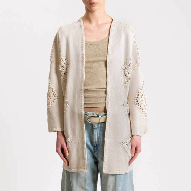 Haveone-Kimono effetto suede con ricami - panna