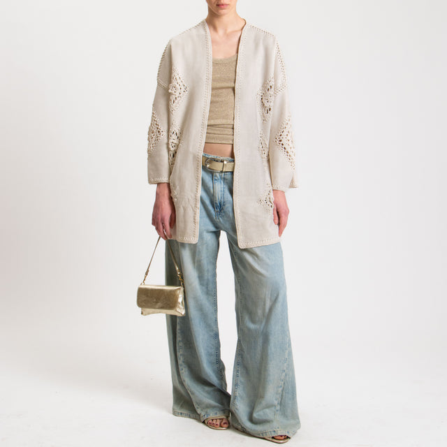 Haveone-Kimono effetto suede con ricami - panna