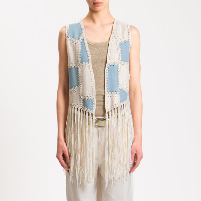 Haveone-Gilet doppio tessuto suede con frange - panna/denim