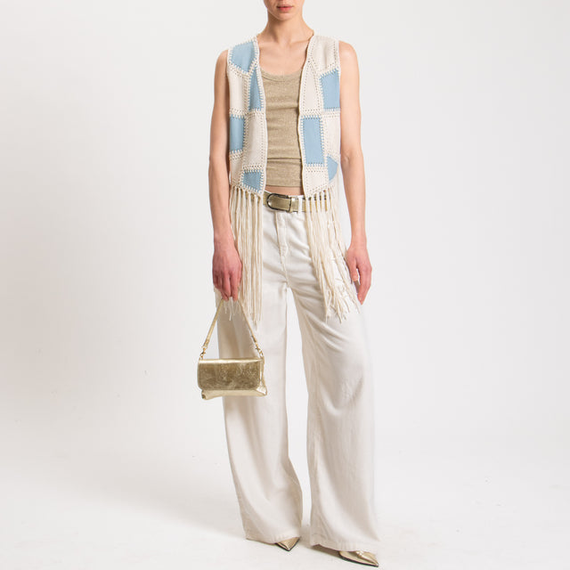 Haveone-Gilet doppio tessuto suede con frange - panna/denim