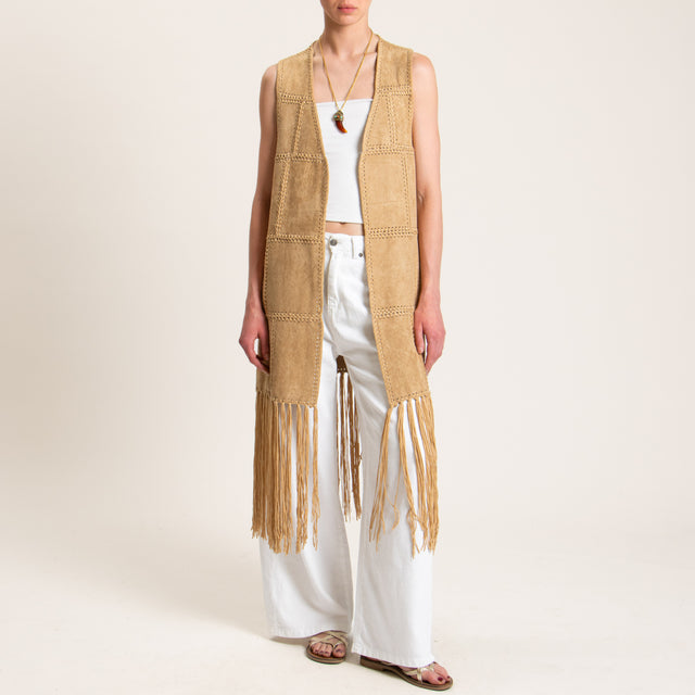 Haveone-Gilet oversize con frange - cammello