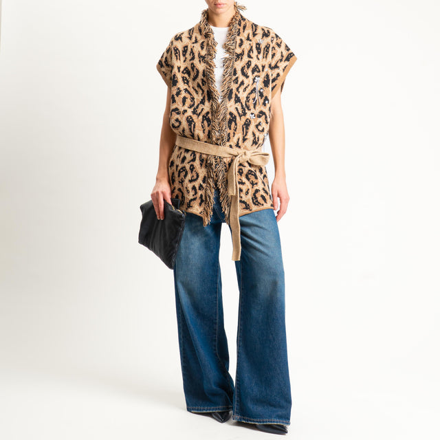 Haveone-Gilet animalier con applicazioni - cammello/nero/cuoio