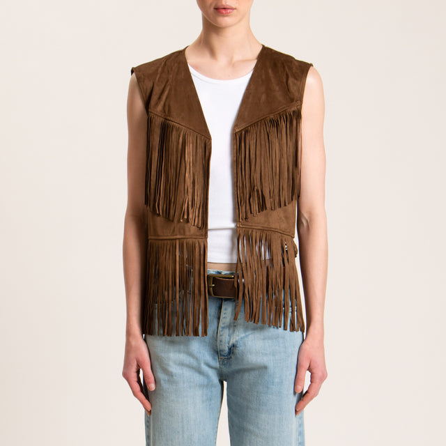 Haveone-Gilet effetto suede con frange - tabacco