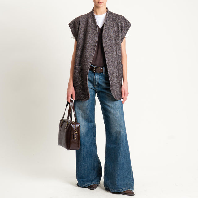 Haveone-Gilet spinato misto lana con cintura - brown