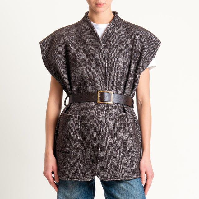 Haveone-Gilet spinato misto lana con cintura - brown