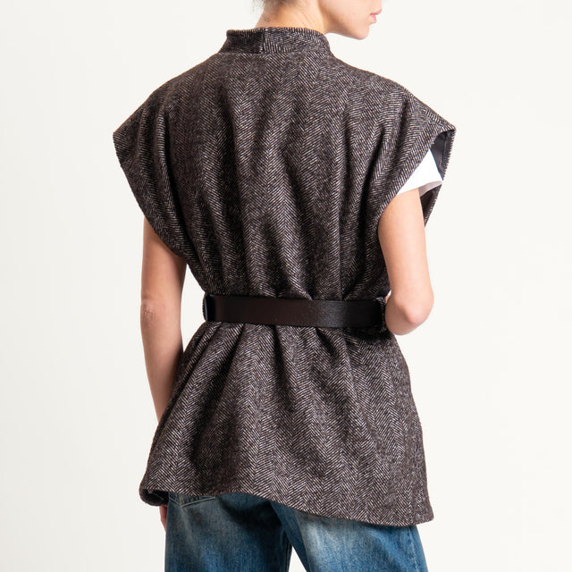 Haveone-Gilet spinato misto lana con cintura - brown
