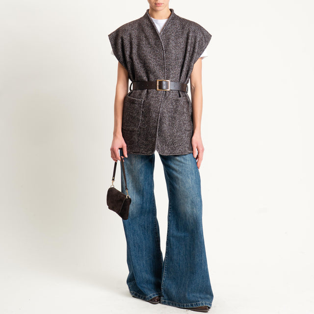 Haveone-Gilet spinato misto lana con cintura - brown
