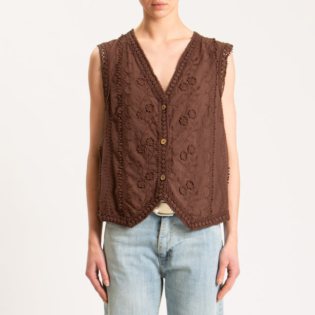 Haveone-Gilet mussola con ricami passamaneria - cacao
