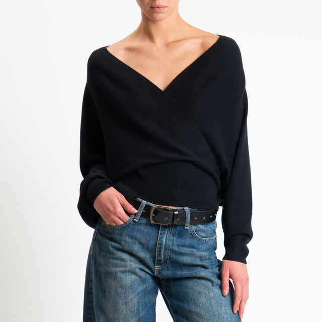 Haveone-Maglia incrociata manica pipistrello - nero