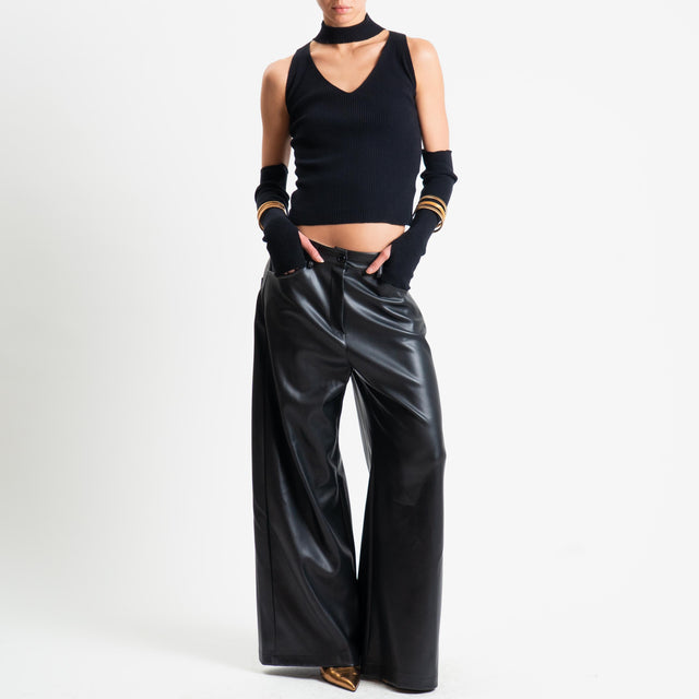 Haveone-Maglia collo montato scollo v con manicotti - nero