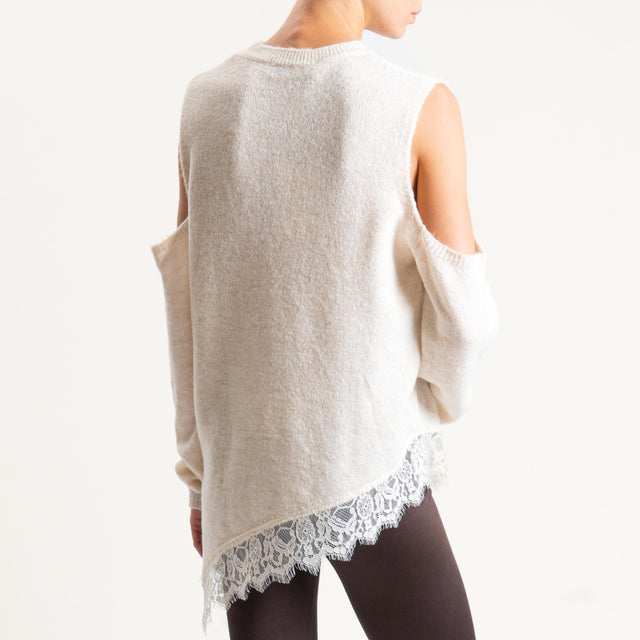 Haveone-Maglia cut out misto lana con pizzo - panna