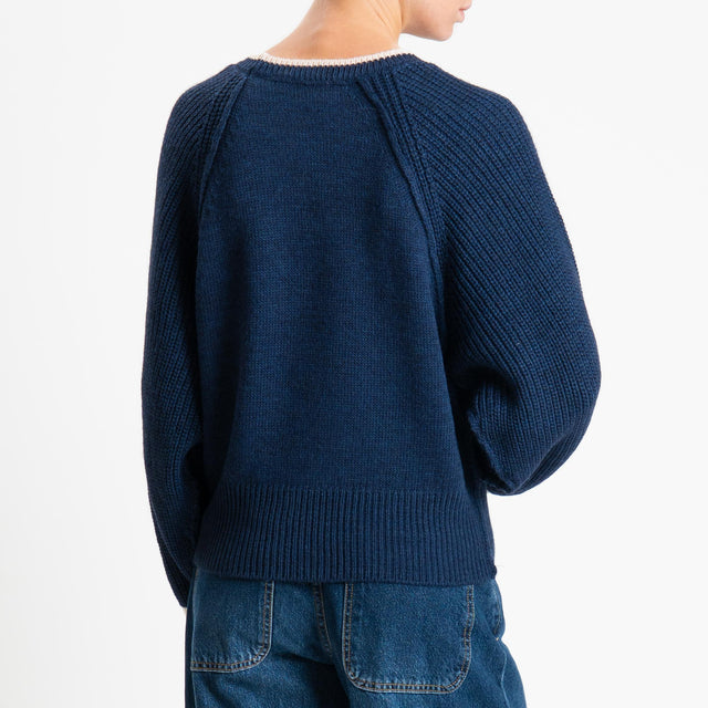 Haveone-Maglia misto alpaca bordi a contrasto - blu/burro