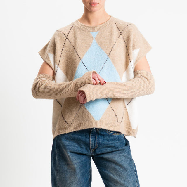 Haveone-Maglia rombi argyle con manicotti misto lana - beige/azzurro/panna