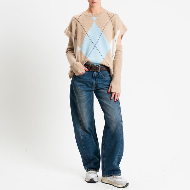 Haveone-Maglia rombi argyle con manicotti misto lana - beige/azzurro/panna