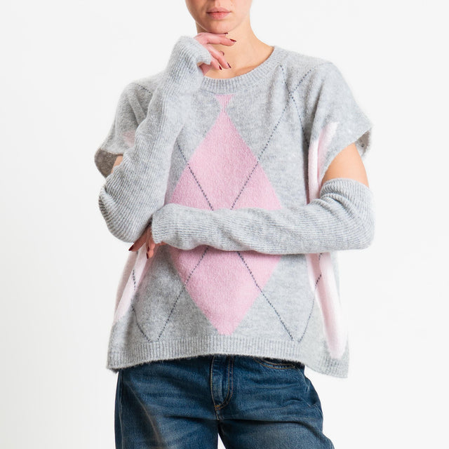 Haveone-Maglia rombi argyle con manicotti misto lana - perla/bubble/cipria