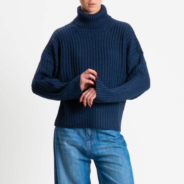 Haveone-Maglia collo alto costa inglese misto alpaca - blu