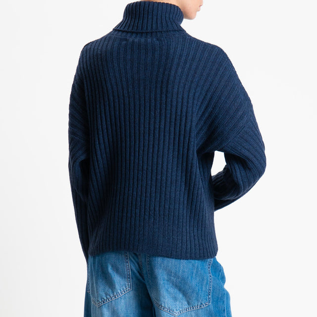 Haveone-Maglia collo alto costa inglese misto alpaca - blu