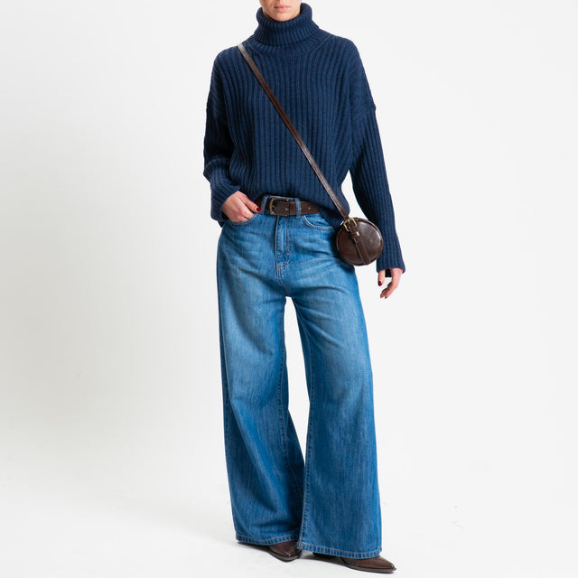 Haveone-Maglia collo alto costa inglese misto alpaca - blu