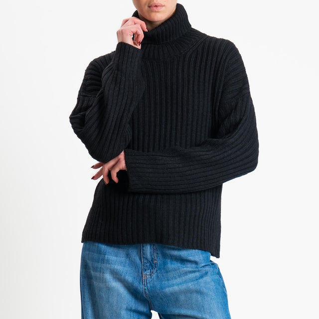 Haveone-Maglia collo alto costa inglese misto alpaca - nero