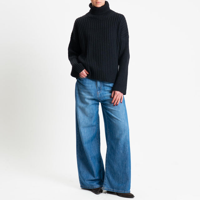 Haveone-Maglia collo alto costa inglese misto alpaca - nero