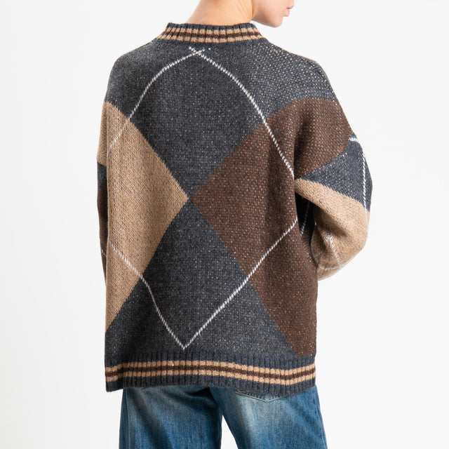 Haveone-Maglia rombi argyle misto lana - grigio/moro/camel