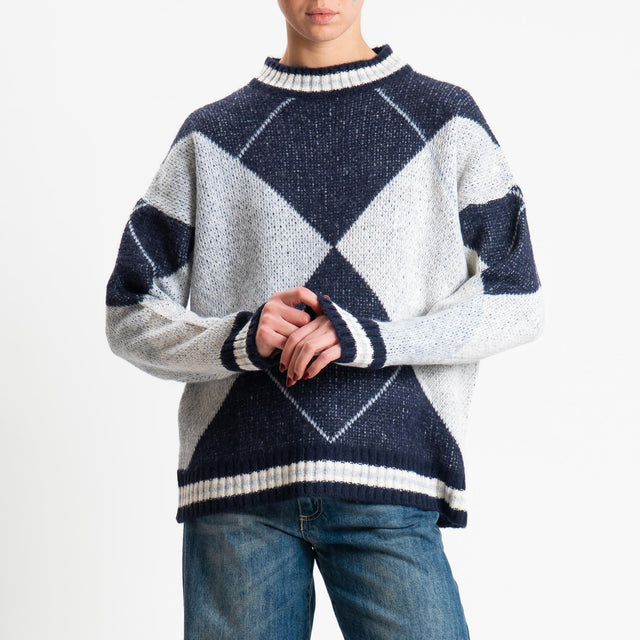 Haveone-Maglia rombi argyle misto lana - blu/perla/panna