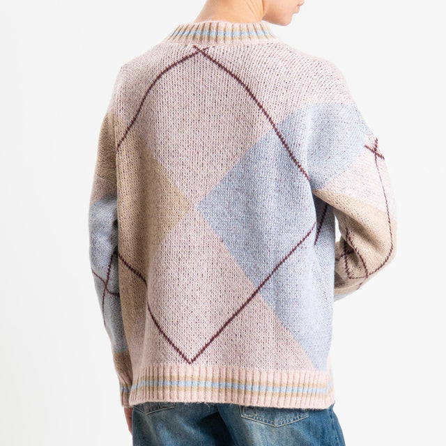 Haveone-Maglia rombi argyle misto lana - rosa/celeste/beige