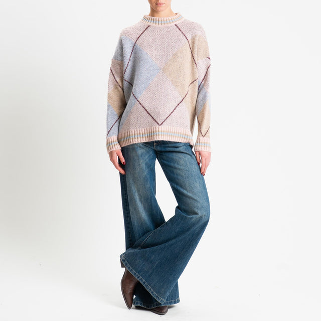 Haveone-Maglia rombi argyle misto lana - rosa/celeste/beige