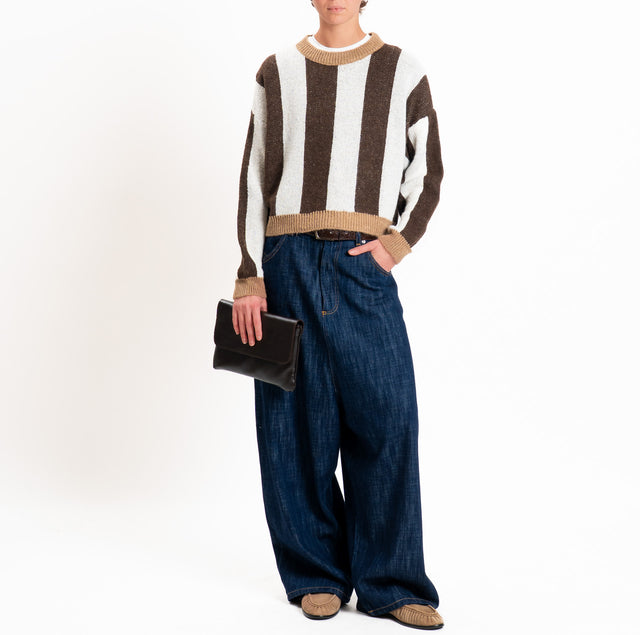 Haveone-Maglia a righe misto lana - cammello/panna/cioccolato