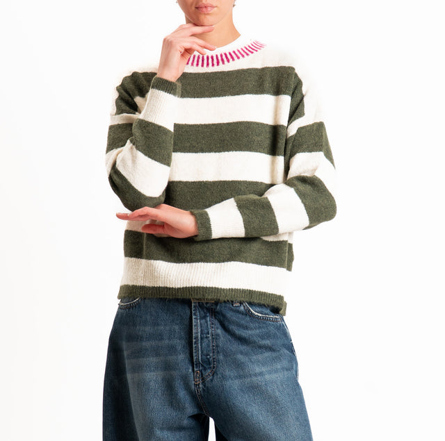 Haveone-Maglia scatola righe misto lana - militare/panna/fucsia