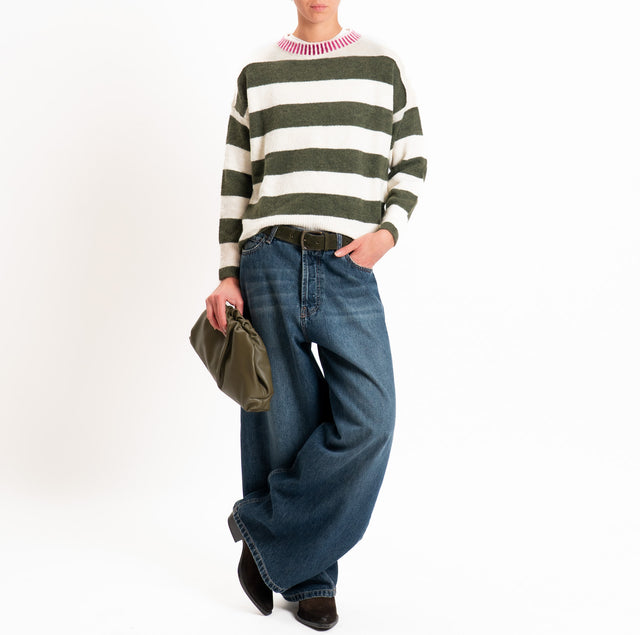 Haveone-Maglia scatola righe misto lana - militare/panna/fucsia