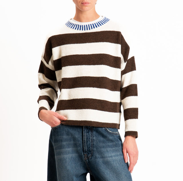 Haveone-Maglia scatola righe misto lana - moro/panna/bluette