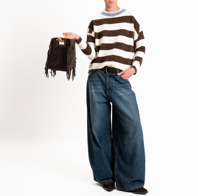 Haveone-Maglia scatola righe misto lana - moro/panna/bluette