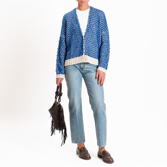 Haveone-Cardigan nido d'ape misto lana scollo v - ecru/blu