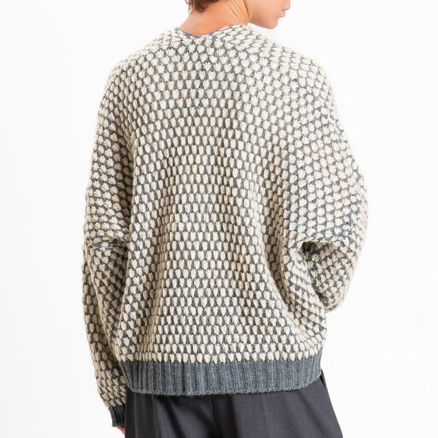 Haveone-Cardigan nido d'ape misto lana scollo v - grigio scuro/ecru
