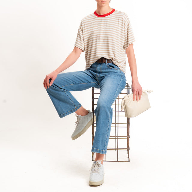 Haveone-T-shirt mezza manica a righe in jersey - rosso/beige/panna